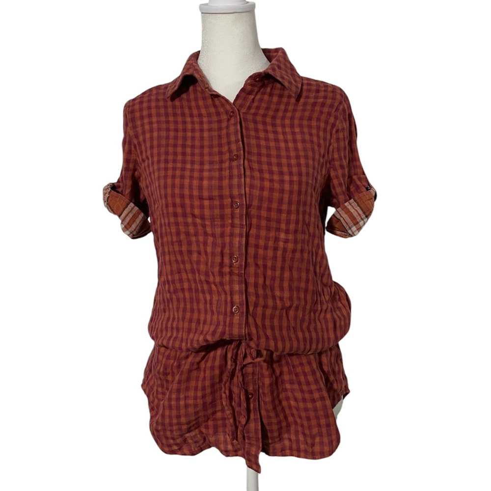 Sonoma Orange Checkered Cotton Button Down Top